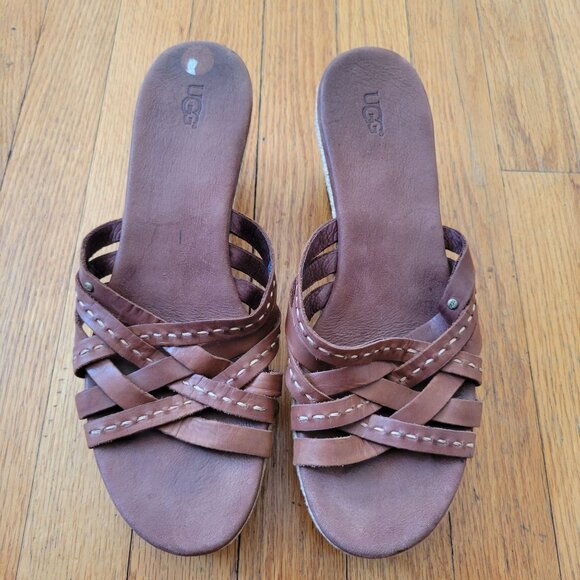 UGG‎ 11 Brown Leather Espadrille Wedge Sandals Open Toe 1000479 ADDYSON - Picture 2 of 9